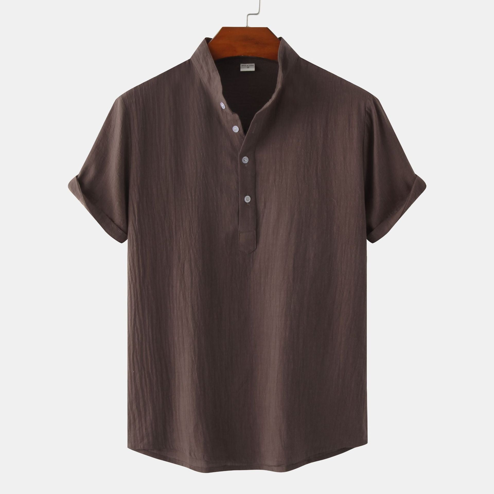 Summer Mens Cotton and Linen Standing Collar Casual Short Sleeved Shirt Beach T Shirt Shirt Mens Clothing