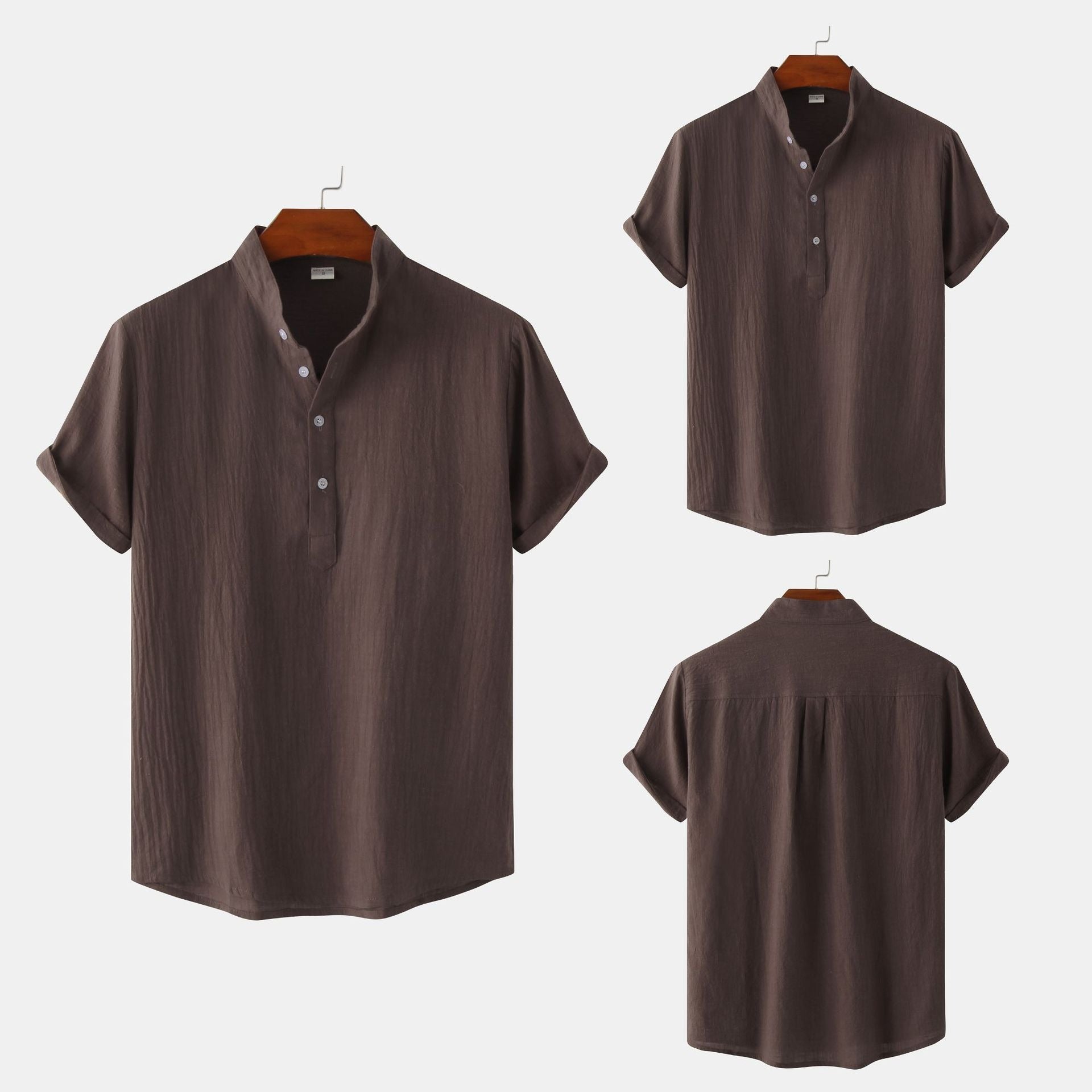 Summer Mens Cotton and Linen Standing Collar Casual Short Sleeved Shirt Beach T Shirt Shirt Mens Clothing