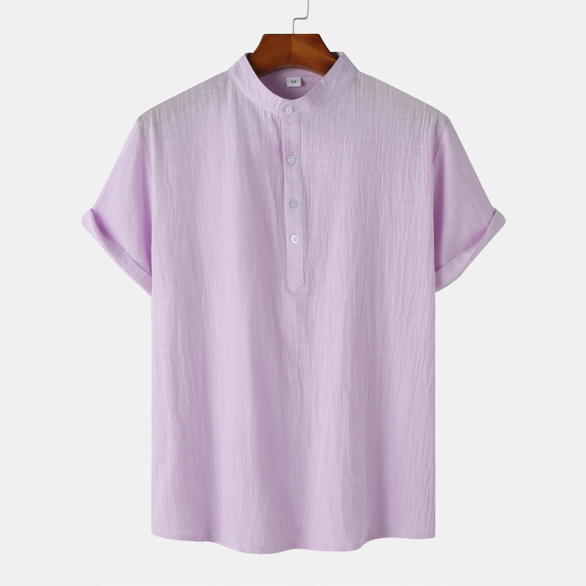 Summer Mens Cotton and Linen Standing Collar Casual Short Sleeved Shirt Beach T Shirt Shirt Mens Clothing