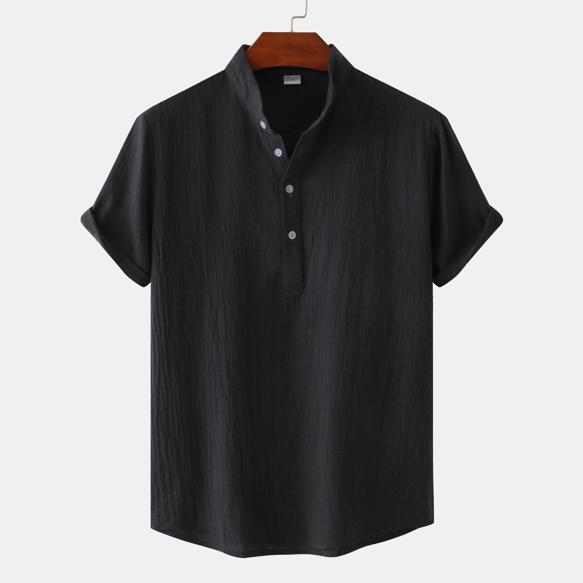 Summer Mens Cotton and Linen Standing Collar Casual Short Sleeved Shirt Beach T Shirt Shirt Mens Clothing